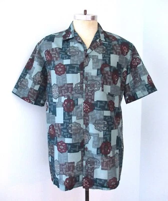 Vtg 70s 80s Towncraft Blue Geometric Silky Poly Hawaiian Bowling Surfer Shirt L - Image 1 of 4