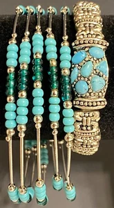 Turquoise Blue Silver Tone Stackable Bracelet Set - Picture 1 of 15