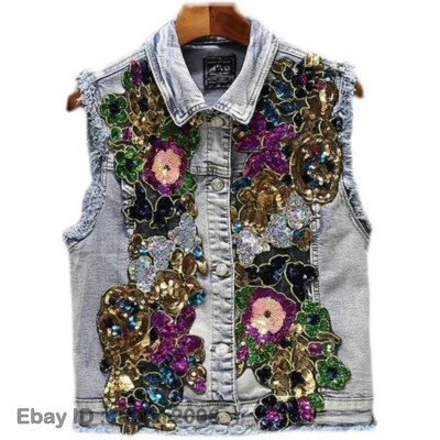 Mujeres Denim Lentejuelas Agujero Roto Chaleco Botón Informal Prendas exteriores Jeans Chaleco S-2XL Foto 1 de 4
