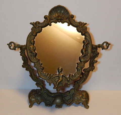 Antique Victorian Ornate Brass Tilting Vanity Stand Mirror Swivel Metal 13” Cover