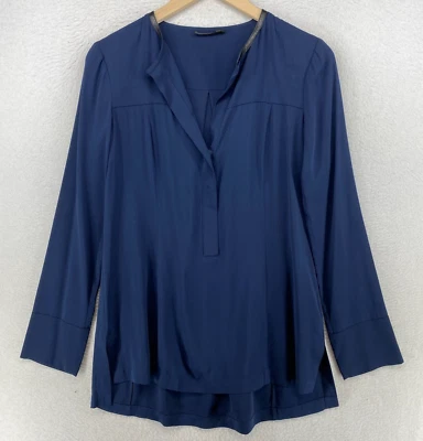 Blusa DONNA KARAN 6 Etiqueta Negra Seda Elástica Túnica Popover Cuero Borde Azul Foto 1 de 4