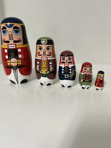 Large Nutcracker Christmas Matryoshka Nesting Dolls 5 Pc Hand painted Wooden - Picture 1 of 11