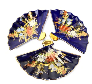 Vintage Porcelain Floral Plate Cobalt Blue Fan Shaped Dish Gold Trim - Lot of 3 - Picture 1 of 15