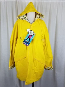 Totes Yellow Floral Lined PVC Hooded Rainwear Rain Jacket Slicker Coat Womens L - Picture 1 of 14
