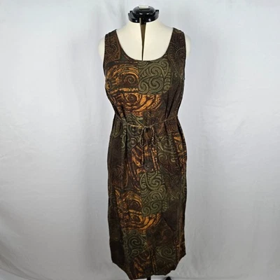 Vestido R&K Para Mujer 8P *** Verde Marrón Estampado Tribal Sin Mangas Dobladillo Dividido Cintura Corbata Foto 1 de 4