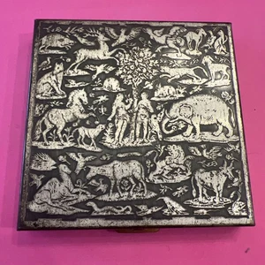 Vintage Volupte 1940er Silber Adam Eva Tiere kompakt OHNE Spiegel Puder Make-up - Bild 1 von 4