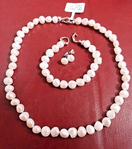 Natural Freshwater Pearl,  Earrings, Bracelet, Necklace Set, Pearl size 9-10mm - Picture 1 of 7
