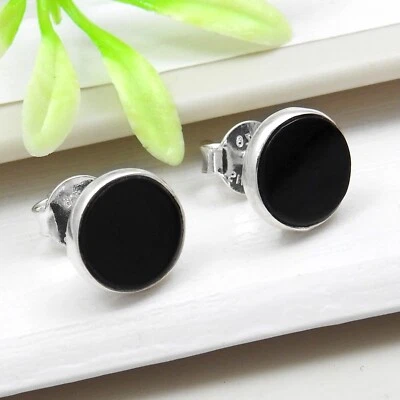 8mm Redondo Natural Ónice Negro Preciosas Sólido 925 Plata Minimalista Pendiente - Imagen 1 de 4