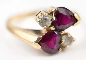 Vintage 10K Double Heart Red Zircon & Light Sapphires Ring Sz 6.5 - 2.5g - Picture 1 of 11