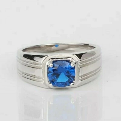 Natural Blue Topaz Gemstone with 925 Sterling Silver Ring for Men's AJ558 - Image 1 of 4