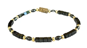 Magnetite & Hematite Bead Bracelet Shiny Black, Gold-toned Spacers, Barrel Clasp - Picture 1 of 8