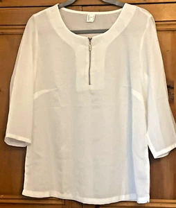 Witt @ Kaleidoscope Size 16 White Chiffon Zip Front 3/4 Sleeve Blouse TOP Summer - Picture 1 of 2