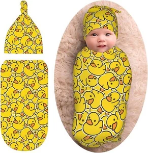 Baby Girl Boy Gifts Newborn Swaddle Blanket With Beanie One Size, Rubber Duck - Picture 1 of 9