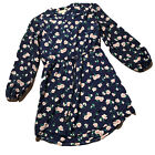 Maison Jules Floral Navy Long Sleeve Shirt Dress Size L Button Top Drawstring