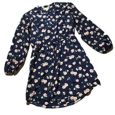 Maison Jules Floral Navy Long Sleeve Shirt Dress Size L Button Top Drawstring - Image 1 of 4