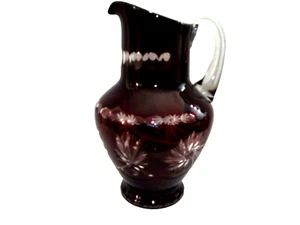 Vintage BOHEMIAN Ruby Red Cut Clear Glass PITCHER Whirling Star Elong Thumbprint - Picture 1 of 18