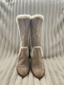 Coach Jordana Camel Signature C Logo Embossed Suede Zip Wedge Boot Sz 5.5 - Picture 1 of 10