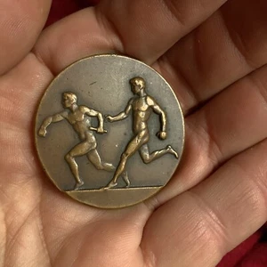 Nude Male Olympique Relay Run Antique Europe Sport Bronze Medal Plaque Sculpture - Picture 1 of 3