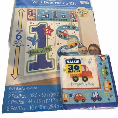 Niños 1er Cumpleaños Todo A Bordo Camión Avión Tren Fiesta Pared Escena y Servilletas Nuevo Foto 1 de 4