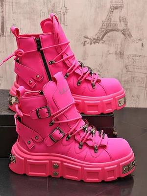 Hombres Metal Remache Cuero Zapatos Calle Alta Hip Hop Danza Punk Botas de Motocicleta Foto 1 de 4