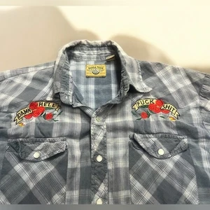 MODA TECH Plaid Button Up Shirt Size M funny Embroidery Western Style Humor - Picture 1 of 10