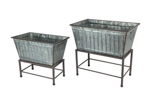 Rectangular Galvanized Metal Tub Planters On Stand Set of 2 - Picture 1 of 4