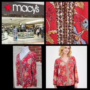 New LARGE women JM COLLECTION peacock bird floral stretchy v-neck red blouse - Bild 1 von 22