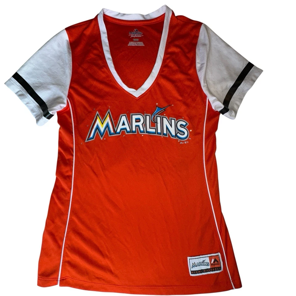 Camiseta de béisbol para mujer Majestic MLB naranja y blanca de los Marlins - talla mediana Foto 1 de 4