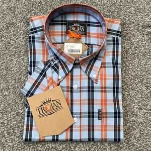 Mens Trojan Powder Blue & Orange Short Sleeve Check Shirt TC-1034 - Size 4XL - Picture 1 of 7