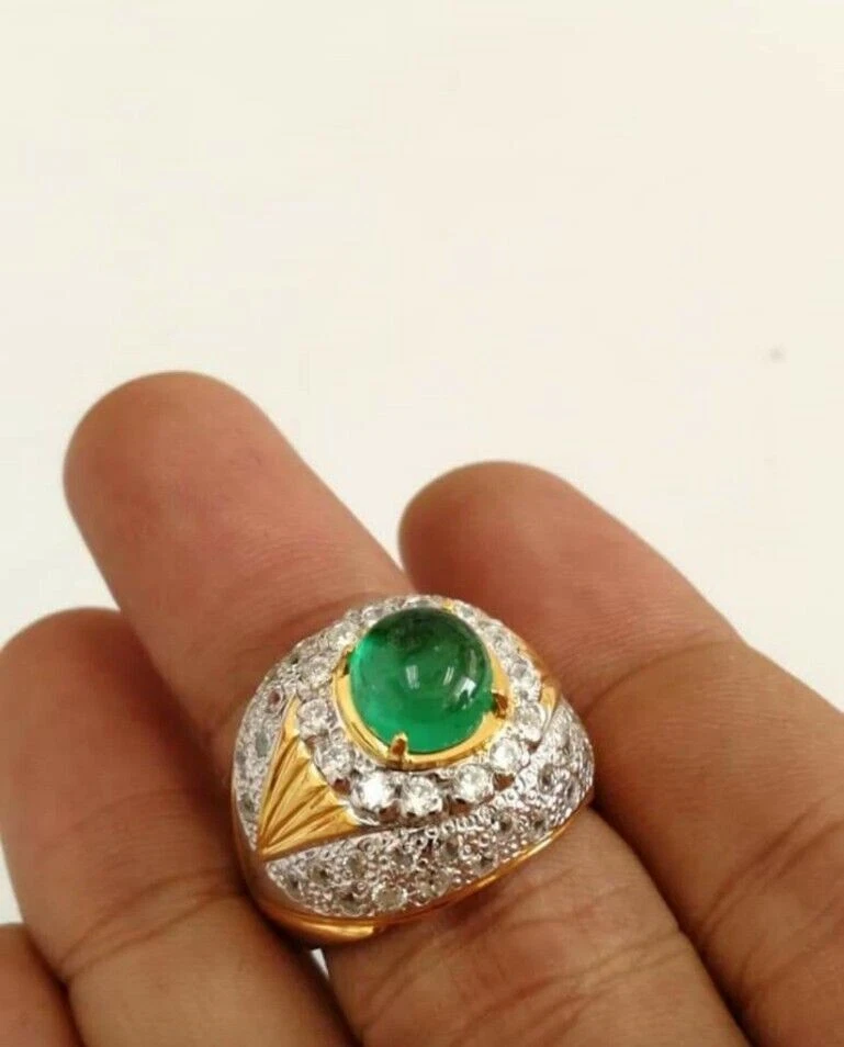 Anillo para hombre #405 de oro blanco macizo de 18 k con piedras preciosas de esmeralda natural Foto 1 de 4