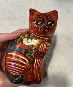 Mexican Talavera Pottery Hand-painted Cat Figurine Statue Townspeople 5” - Picture 1 of 6