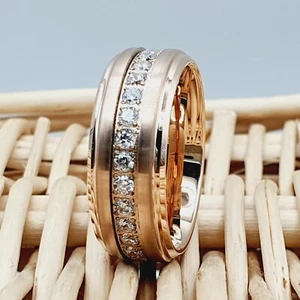 Rose Gold Tungsten Men's Wedding Band with Cubic Zirconia Unisex Engagement Ring - Picture 1 of 8