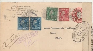 USA-ITALY V. Rare Reg. Letter WWI Censored Multi 5, 2 & 1c. Annapolis-Roma 1916 - Picture 1 of 3