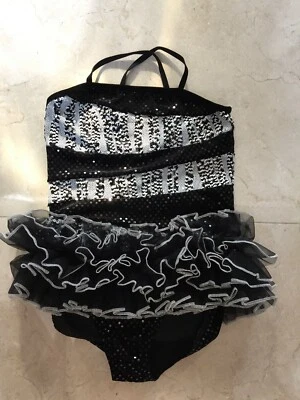 Art Stone Dance Costume Leotard Black White Sequin Ruffle Tutu Ballet Size L PRO - Image 1 of 4