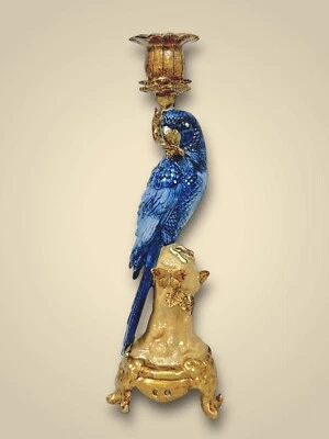 Classy Candle Stand Candlestick Dutch Style Parrot Parakeet Blue Gold 32cm New - Image 1 of 4