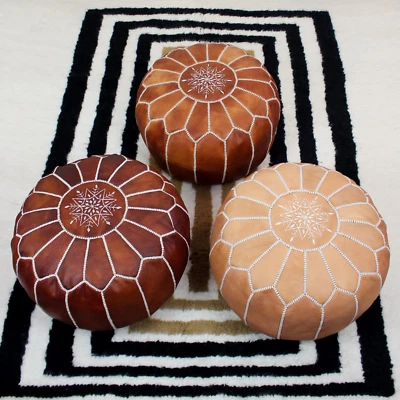 Pouf marocain ottoman en cuir pour la décoration intérieure - Pouf rond en cuir - Image 1 of 4