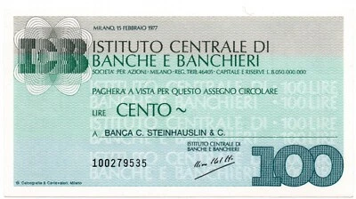 Italy 100 CENTOLIRA Centralle Banche e Banchieri 1977 Note Uncirculated - Image 1 of 2
