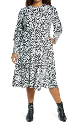 Halogen Tie Back Long Sleeve Dress Small S Ivory Black Feather Tiger Zebra - Image 1 of 4