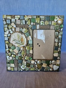 Hand Made Green Pottery Shard Collage Art Picture Frame ~4.5x6.5" Photo Area - Picture 1 of 10