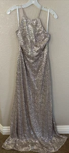 David's Bridal High Neck Sequin Size 8 Gown Platinum Full Length Brand New - Picture 1 of 9