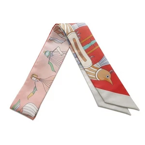HERMES Twilly Scarf 100% Silk Les Folies Du Ciel Gray Red Multi w/Box R3028 - Picture 1 of 8
