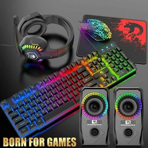 Wired Rainbow Gaming Keyboard Mouse,Headset Speaker Combo All in 1 PC Gamer Kit - Picture 1 of 15