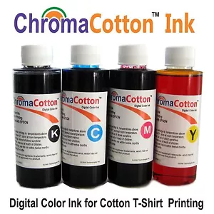 BOTTIGLIA 4 COLORI CHROMACOTTON INCHIOSTRO RICARICA STAMPANTE INKJET PER T-SHIRT COTONE 240ml. - Foto 1 di 1