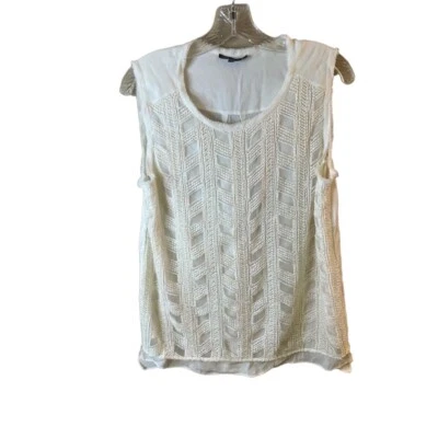 Blusa Vince Off White Cuello Redondo Encaje Crochet Dobladillo Frontal Sin Mangas Capa Grande Foto 1 de 4