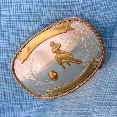Cintas de cinturón trofeo carreras barril hebilla rodeo vaquera níquel plata de colección . QRT737 Foto 1 de 4