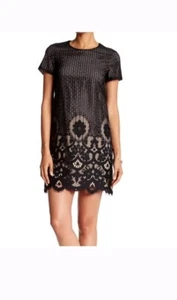 CeCe by Cynthia Steffe Black & Tan Lace Floral Dress Short Sleeve SZ 10 - Picture 1 of 6