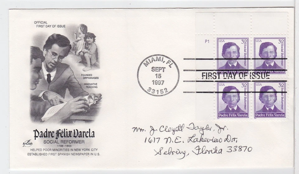 TurtlesTradingPost- Padre Felix Varela 1997 FDC #3166  Artcraft-  Block of 4 - Image 1 of 1