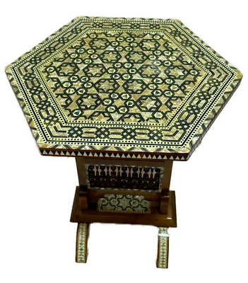 Handmade Wooden End Table Carving Wood Table Home Decor Mother of Pearl Inlay - Image 1 of 4