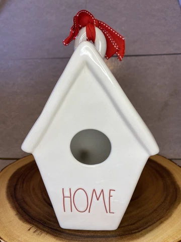 Rae Dunn "HOME" BIRDHOUSE Ceramic 9" Tall - Christmas Pinecone - White w/ Ribbon Cover