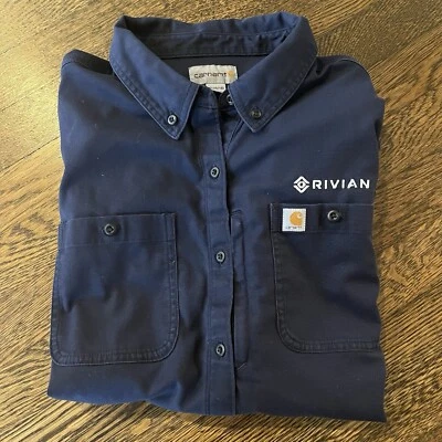 Camisa Rivian Carhartt manga longa botão para baixo meninos jovens tamanho XL azul marinho - Imagem 1 de 4